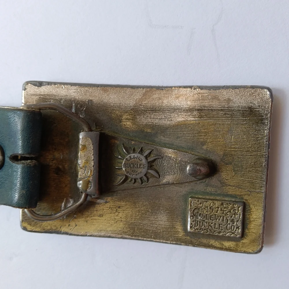 Vintage 1974 Lewis Buckle Co Leather Pin Belt Olympia Beer Logo Buckle Size 36
